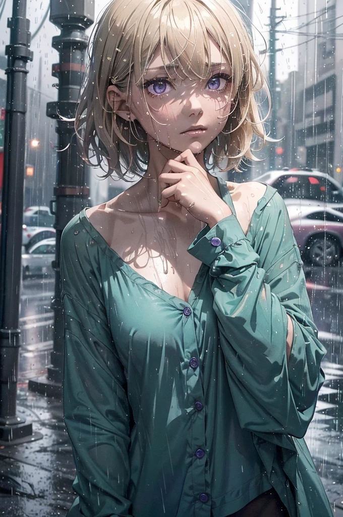 ((Nighttime, very dark image, very little light)), ((gorgeous purple eyes)), Very short hair, ((Highly detailed, extreme detail, amazing art)), raining, heavy rain, dark, midnight, 1girl, soaking wet drenched, wearing nothing but a pyjama shirt, shirt caramel-blonde hair, depressed, soaking wet hair, hair sticking to her face, heavy rain, thunderstorm, teal pyjama top, naked, petit chest, very short hair, buttoned up pyjama top, bare legs, no underwear, very dark night time, black sky, the only source of light is a single amber street light, no light, dark background, miserable, sad, crying, buttoned pyjama shirt, slightly transparent pyjama shirt,