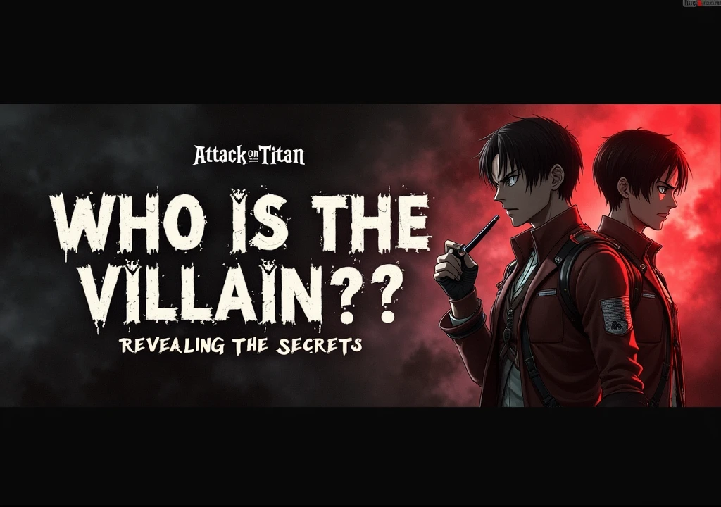 Create a YouTube thumbnail with the main text “Who is the Real Villain?” in large, eye-catching font, and “Revealing the Secrets” in smaller font below. Use a striking image from Attack on Titan featuring key characters like Eren Yeager, Zeke Yeager, and Reiner Braun in dramatic poses or intense expressions. Add a large question mark or magnifying glass near the text to emphasize mystery, and a glow or shine effect around the main text to enhance visibility. Use a dark and contrasting color palette with black, gray, and red for a dramatic look, ensuring the text is easily readable against the background with white outlines or shadows. Position the text at the top to be the first thing viewers see, and maintain a visual balance between text and images while keeping the design consistent with your channel’s style.