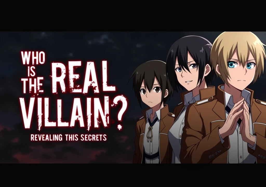 Create a YouTube thumbnail with the main text “Who is the Real Villain?” in large, eye-catching font, and “Revealing the Secrets” in smaller font below. Use a striking image from Attack on Titan featuring key characters like Eren Yeager, Zeke Yeager, and Reiner Braun in dramatic poses or intense expressions. Add a large question mark or magnifying glass near the text to emphasize mystery, and a glow or shine effect around the main text to enhance visibility. Use a dark and contrasting color palette with black, gray, and red for a dramatic look, ensuring the text is easily readable against the background with white outlines or shadows. Position the text at the top to be the first thing viewers see, and maintain a visual balance between text and images while keeping the design consistent with your channel’s style.