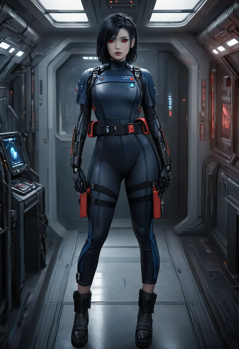 A female Chiss with deep blue skin, black hair, and red eyes, wearing a black jumpsuit, tool belt, in a full body pose, standing next to a window in the hallway of a spaceship, (best quality,4k,8k,highres,masterpiece:1.2),ultra-detailed,(realistic,photorealistic,photo-realistic:1.37),detailed cyberpunk character, hyper realistic, highly detailed face, intricate details, dramatic lighting, sci-fi, cinematic, moody atmosphere, cinematic lighting, dramatic lighting, vibrant colors, depth of field