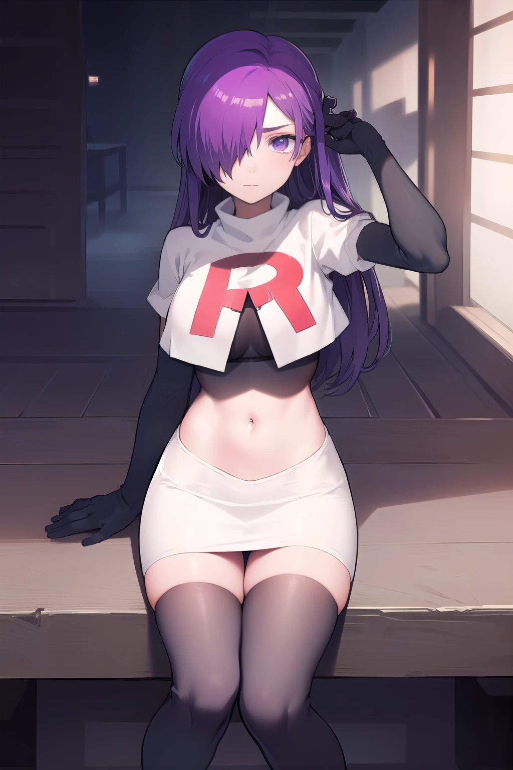 masterpiece, best quality, shez, hair over one eye, looking at viewer, team rocket,team rocket uniform,white skirt,red letter R,crop top,black thigh-highs,black elbow gloves
