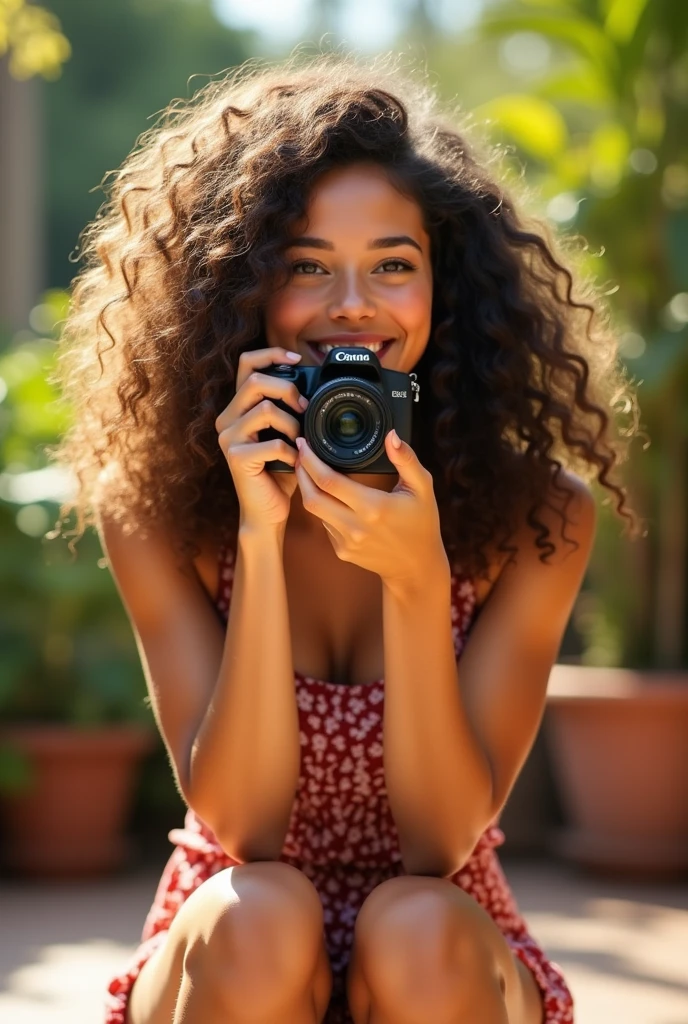 A brunette girl with curly hair and big breasts sits with her legs stretched out, taking a realistic photo