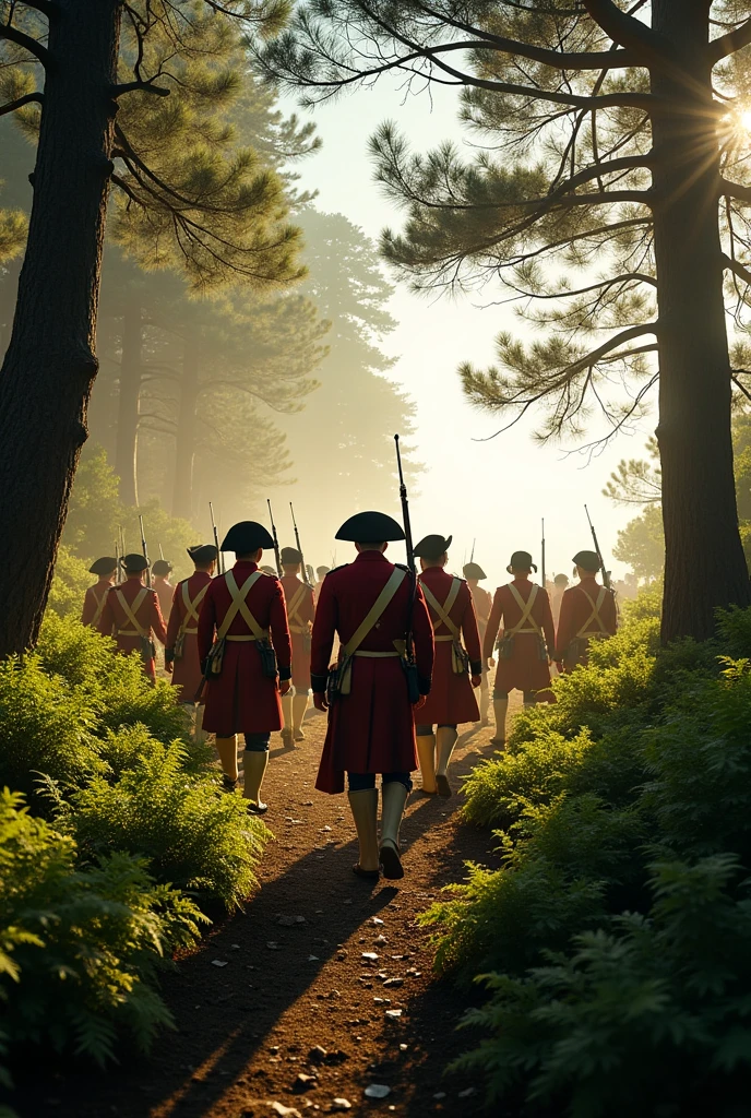 Humans from the British army of 1740 invade the forest from the sea coast head on 