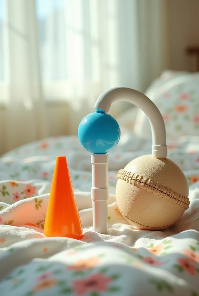 Image where a small sphere appears, a pvc pipe, a football cone, A small pyramid and a meter of construction, all of that on top of a bed that looks like a photo