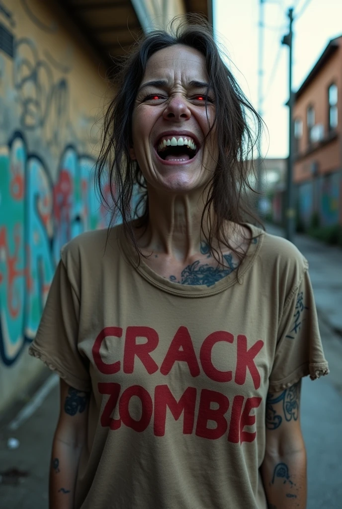 A crack addicted homeless woman,broken teeth in the mouth,tatoos,completely red eyes,t shirt with the inscription: CRACK ZOMBIE,Photoreal