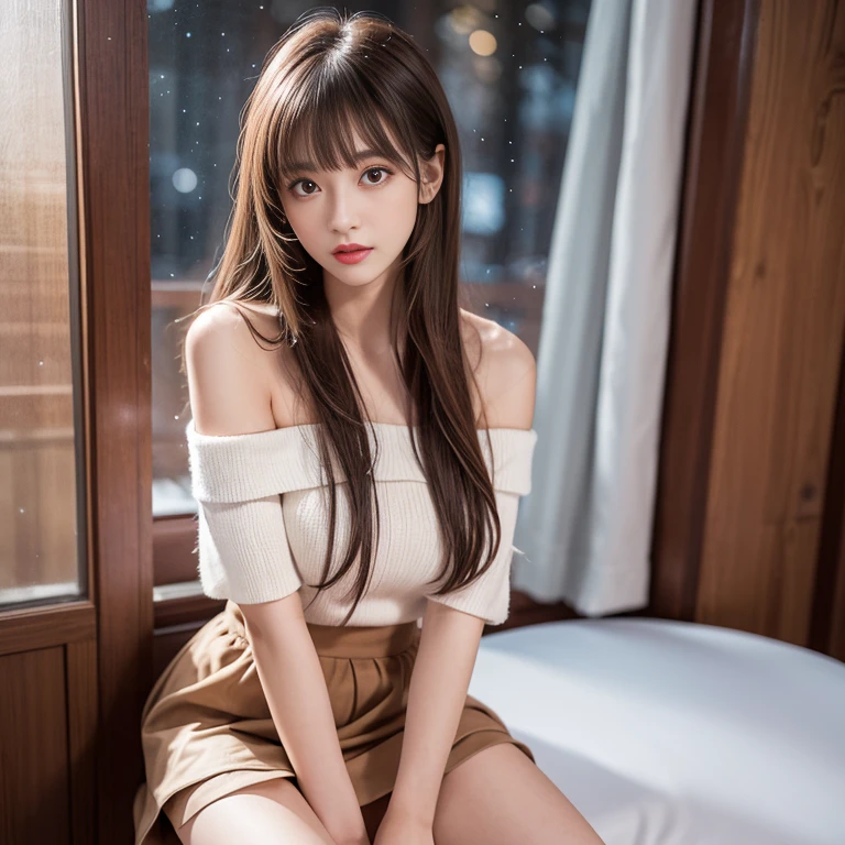 long skirt,skirt, (knee shot), 1 woman, On the face, light brown hair, blunt bangs, hair behind ears, Hair over the shoulders, long hair, Slender body type, Super thin face, face slimming, delicate lips, beautiful eyes, Thin blush, Eyes are light brown,Check it out here, (realistic:1.3), There is a coniferous forest with heavy snow., It's snowing .One person's perspective, 8k, On the table, , Super detailed, high quality, best quality, High resolution, ,Large Breasts,H CUP, off -shoulder top