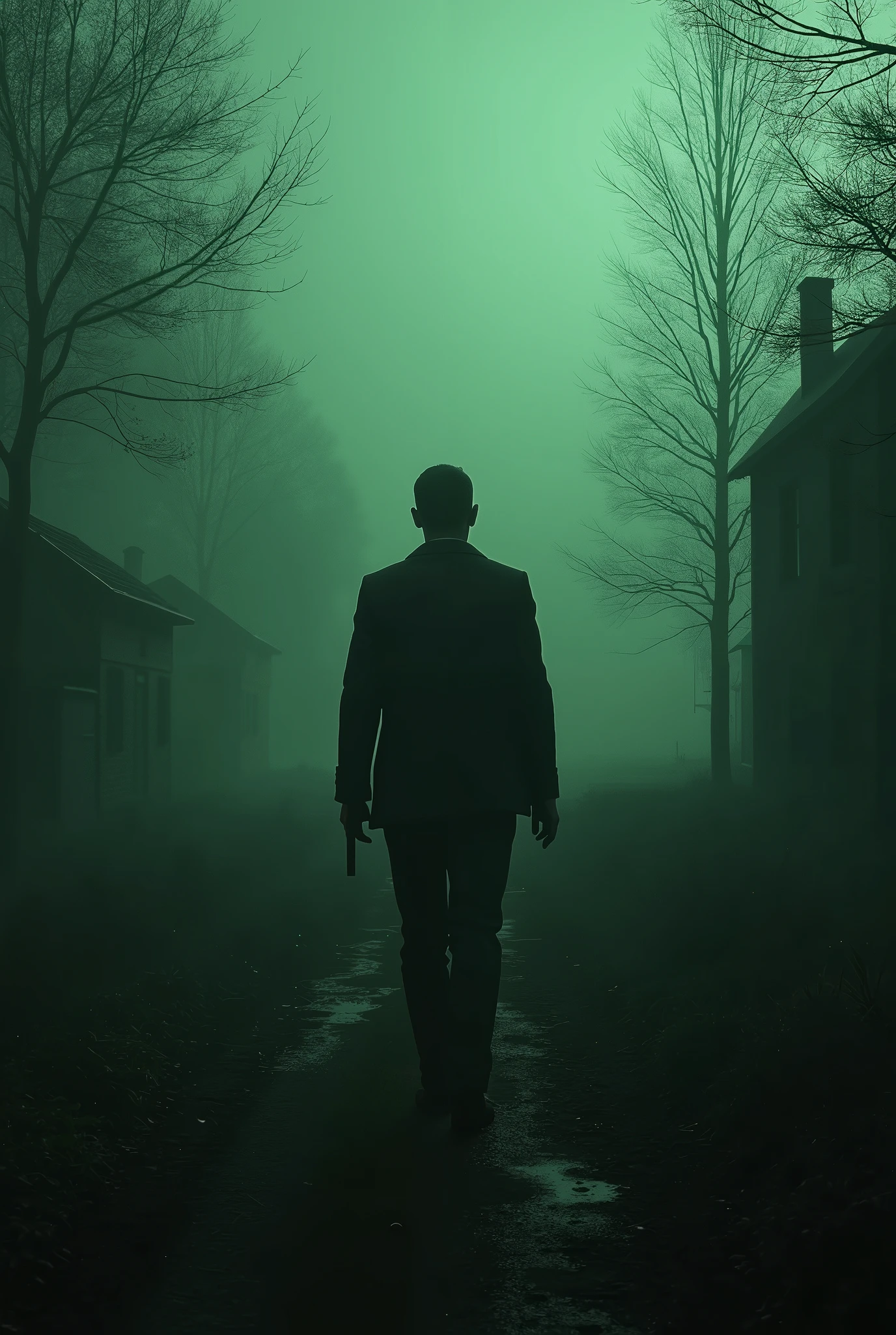 A realistic horror image, a distant cursed village, the lighting is greenish to dark, horror ambience, in the center of the image there is special agent Leon Scott Kennedy,
In the background there are trees and old wooden houses