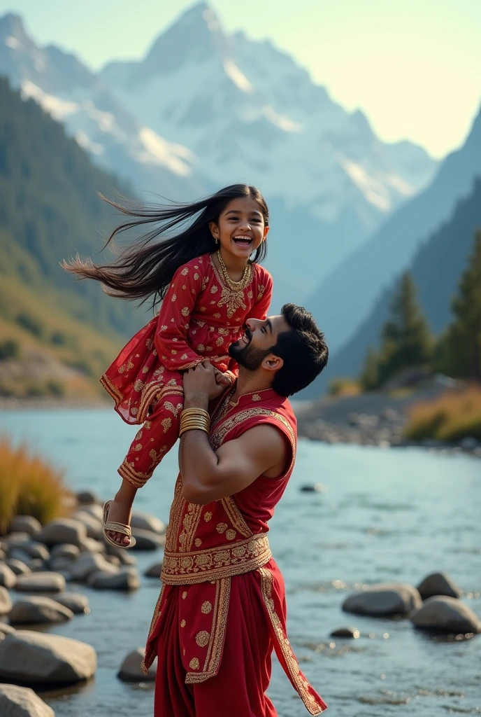 Generate a cute with black long hair wearing an intricate punjabi style in red smiling while a man with a strong body lifting the girl body up to the air and smiling, a beautiful snowy mountain and the flowy river with small stones at the river bank as the background. Sofr lighting, highly-detailed, realistic, ultra-sharp, surrealism.