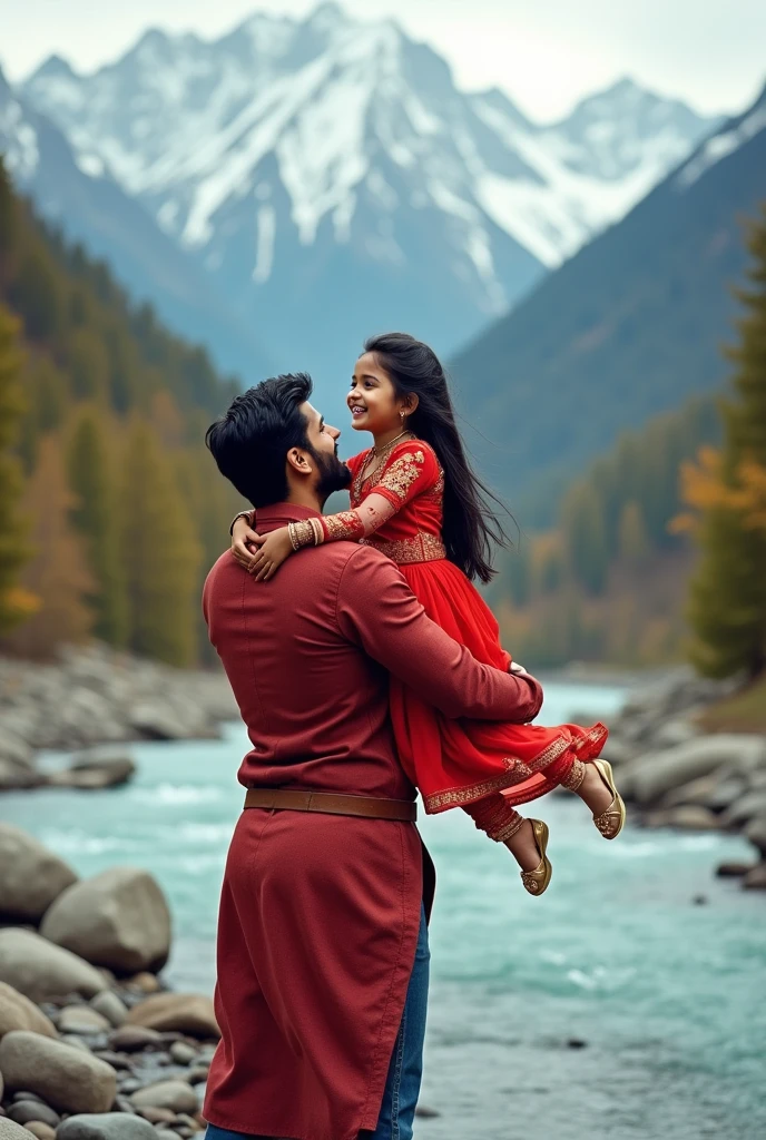 Generate a cute with black long hair wearing an intricate punjabi style in red smiling while a man with a strong body lifting the girl body up to the air and smiling, a beautiful snowy mountain and the flowy river with small stones at the river bank as the background. Sofr lighting, highly-detailed, realistic, ultra-sharp, surrealism.