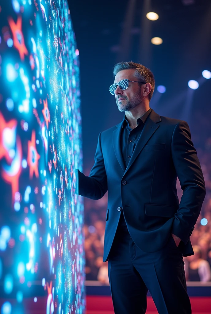 A rich man on stage with a little smile And transparent glasses performing a performance on a technological object