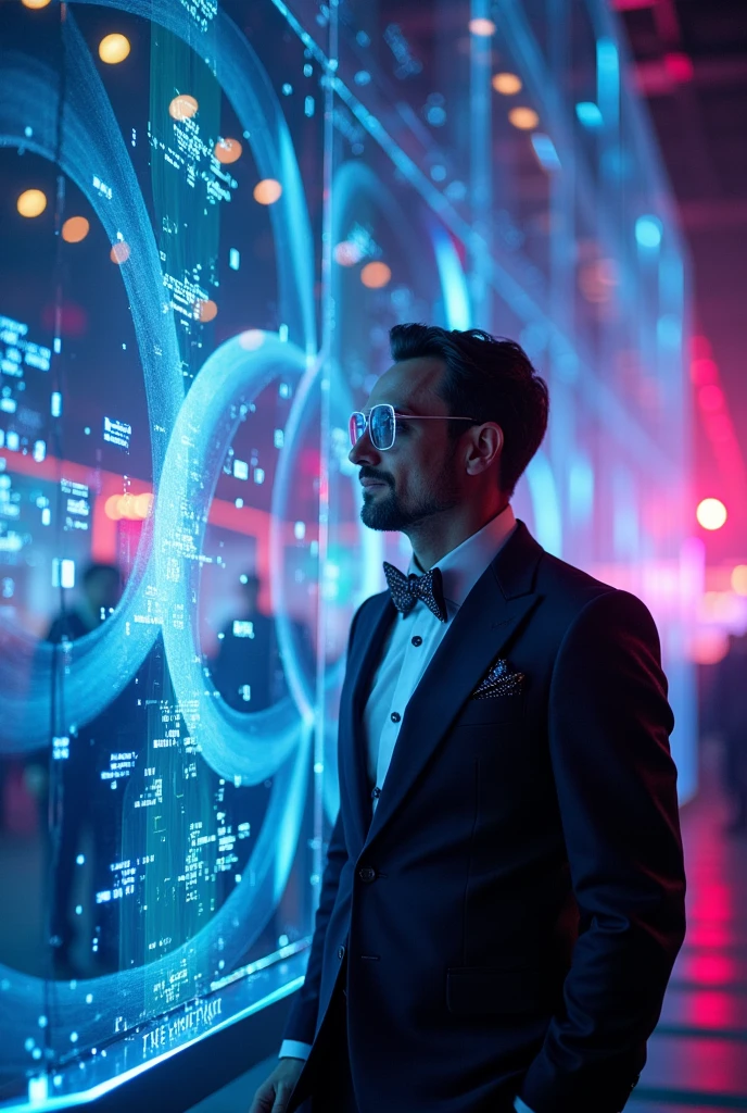 A rich man on stage with a little smile And transparent glasses performing a performance on a technological object
