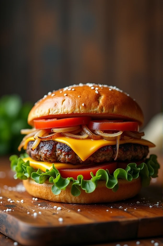 Create a video of the production of a juicy burger, from the hamburger on the grill, together cheese and onion. Also the assembly of the burger