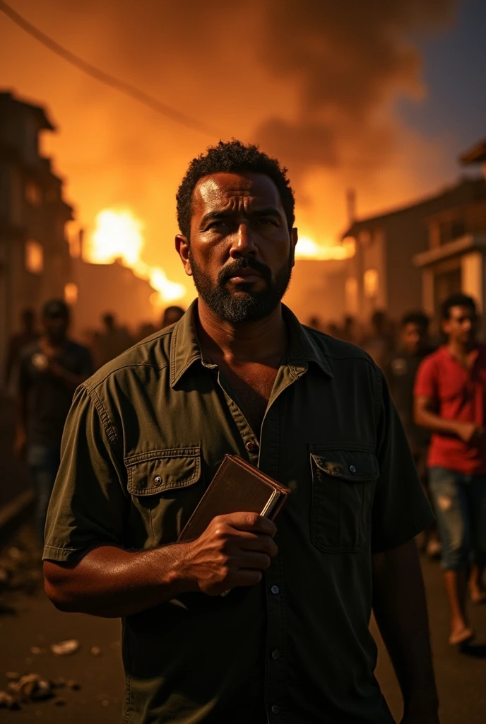 one men,with a Bible in hand, Face There's a Favela on Fire and People Running
