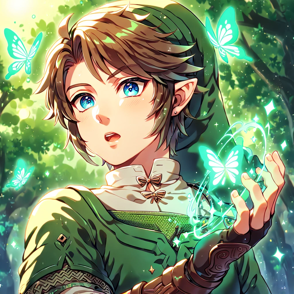 absurdres, highres, ultra detailed, HDR, master piece, best quality, extremely detailed, Link, brown hair, expressive blue eyes, The Legend Of Zelda Twilight Princess, solo, sexy man, sensual, handsome, green tunic, green hat, brown gauntlets, under a green tree, fantasy, magical, glittering fireflies, green butterflies, green flames, glass magic, green leaves