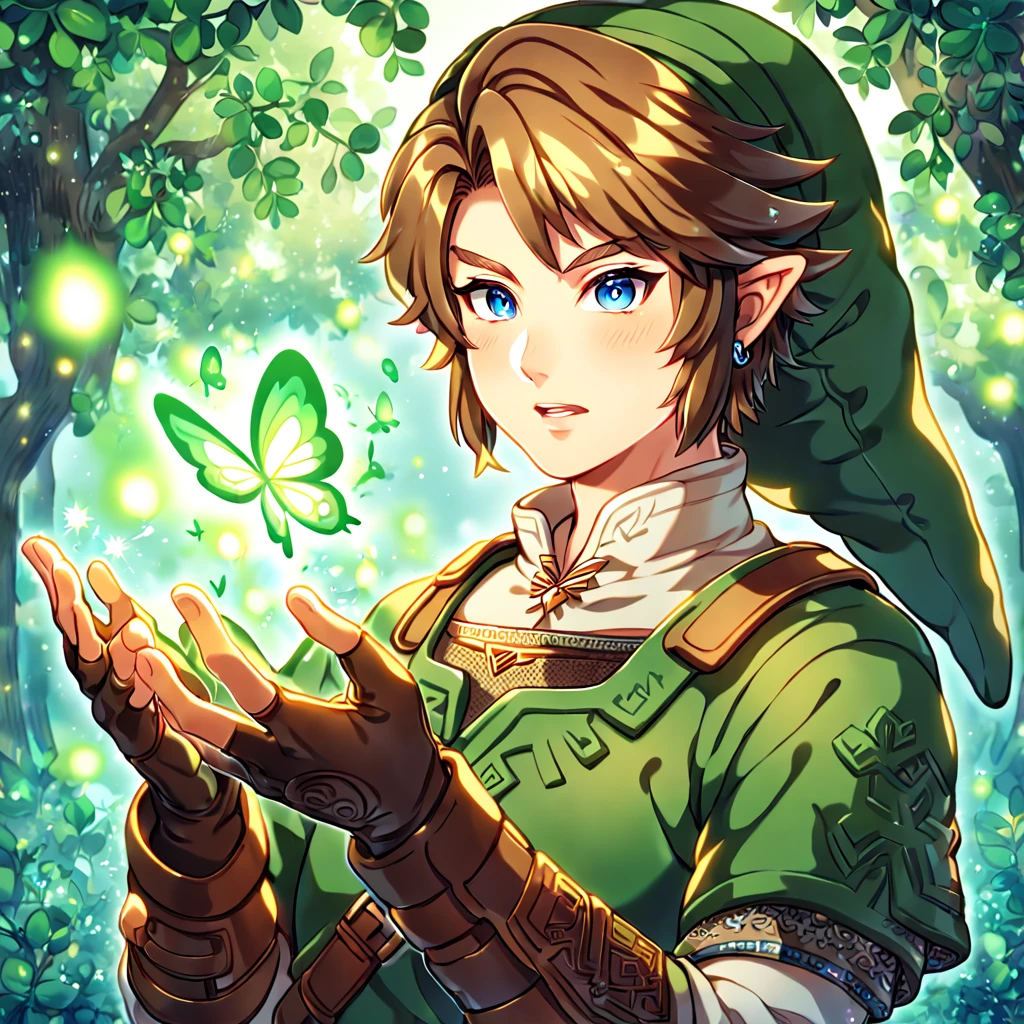 absurdres, highres, ultra detailed, HDR, master piece, best quality, extremely detailed, Link, brown hair, expressive blue eyes, The Legend Of Zelda Twilight Princess, solo, sexy man, sensual, handsome, green tunic, green hat, brown gauntlets, under a green tree, fantasy, magical, glittering fireflies, green butterflies, green flames, glass magic, green leaves
