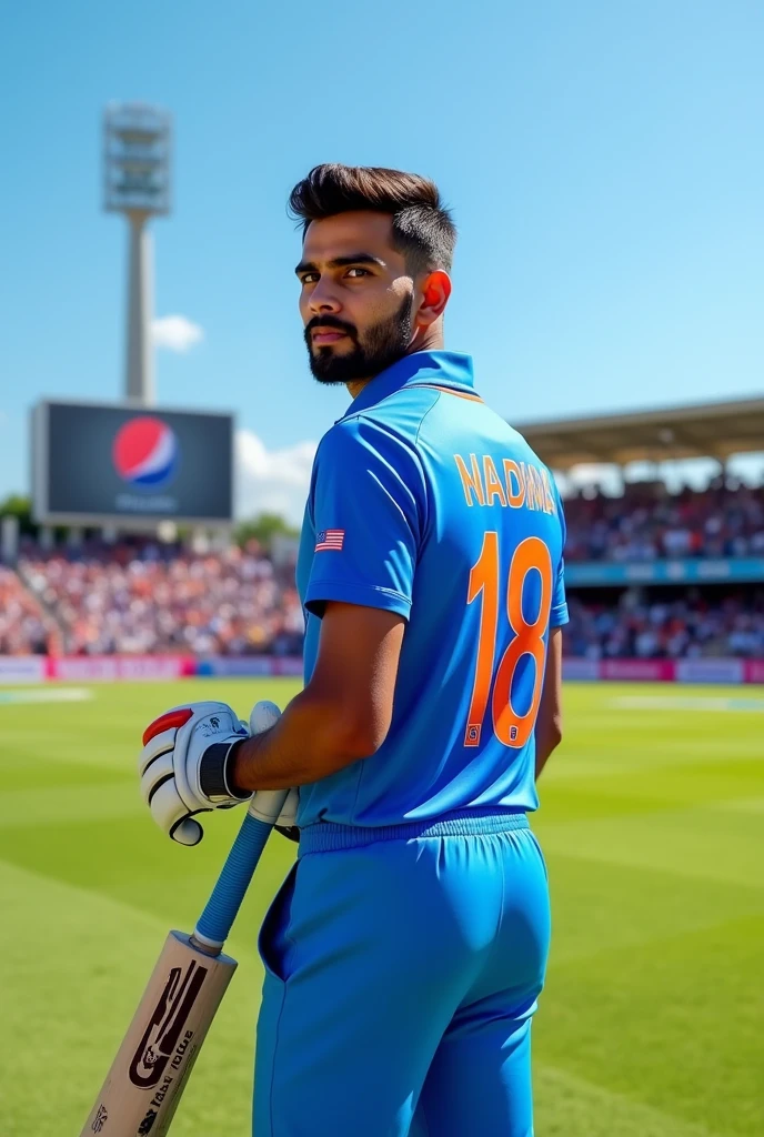 Indian cricketer in sky blue cricket jersey,on the back of whose jersey king 18