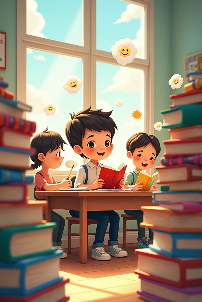 An image that represents the responsibility that students feel with their studies day by day, based on cute cartoons, very cute and show responsibility, cuter than ever, that they are human