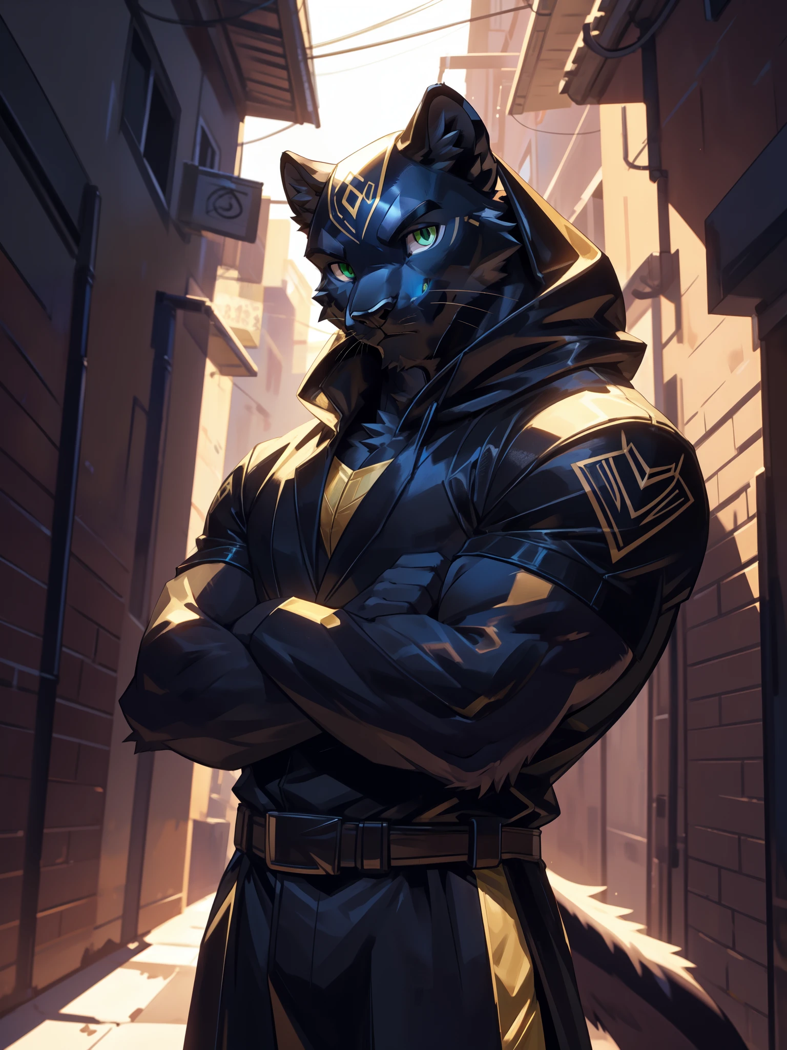 solo, anthro, furry, furry male, Black panther, ((sleek fur, furry body)), (black panther pattern), muscular body, wider shoulders, long sleek tail, bright green eyes, (black body), panther tail, standing still, arms crossed, golden clothes, rouge like apperal, hood on head, facing forward, Detailed eyes, Detailed face, Detailed character, masterpiece, HD, hideout, alley way, heavy shadows, dynamix lighting, friendly smile,