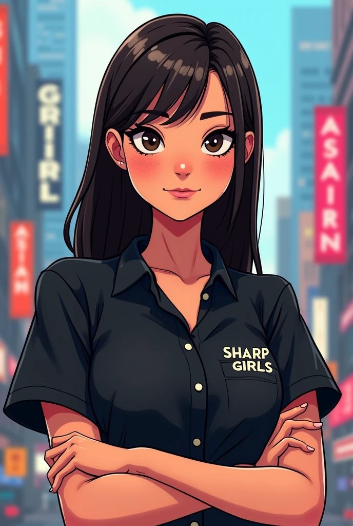 Cartoon feminino, straight hair parted in the middle, with freckles on his face, black collared shirt with the name SHARP GIRLS small on the side of the chest, facing forward with arms crossed, power stance
