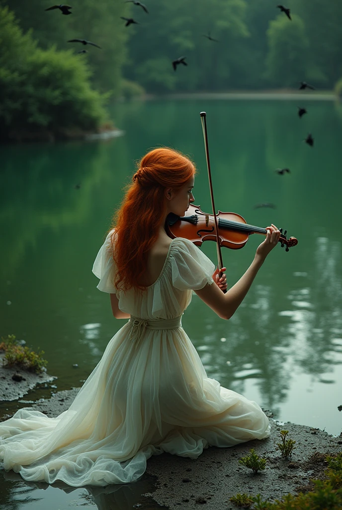 (photorealism:1.2), beautiful woman, red hairstyle, in a lake with mud, green lagoon with algae, wearing a white dress with a lampshade underneath, wearing a pantie, playing a violin kneeling next to the lake, dark and gloomy atmosphere, transparent dress, birds flying around, realistic, intricate details, warm color ambient