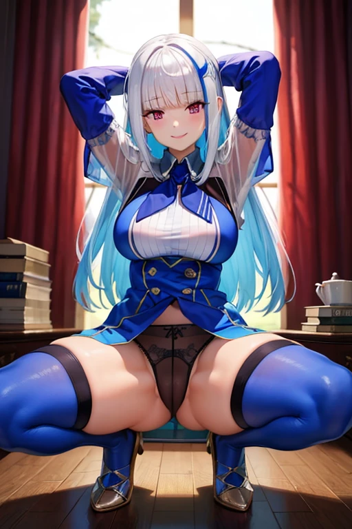 Highest quality, A seductive smile, squat,Spread your legs,See-through clothes,race,Panties,Blue tights,Big Breasts,Hands behind head
