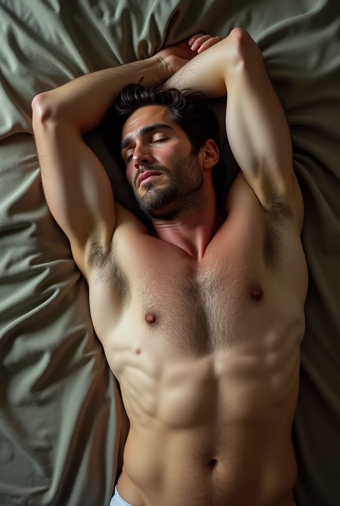 (Masterpiece, Best Quality: 1.2), Jake gyllenhaal, completely naked, huge cock, laying down, realistic, hyper realistic, one arm above head, one hand on cock, sweaty, hairy armpits, legs spread