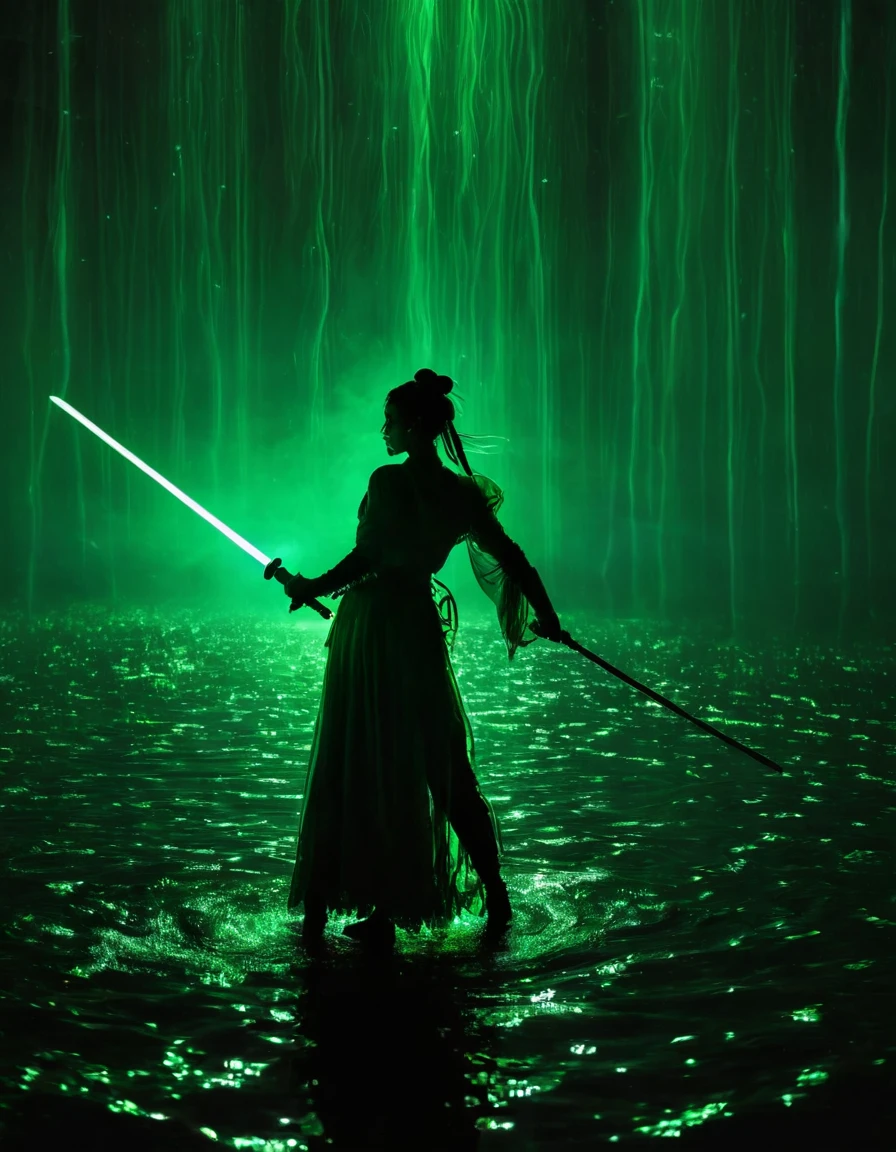 (Silhouette of a female lead dancing with sword:1.5),Green snake shadow，Anatomically correct，Glowing sword,(Movement posture),Hold the hilt of the sword，1 sword，Solitary，On the Lake，High contrast, Movie Lighting, Mysterious atmosphere,， ripple，(Splash;1.4)，A moon，Motion Blur，swordsman，effort，Black silhouette，Green glowing lightsaber，