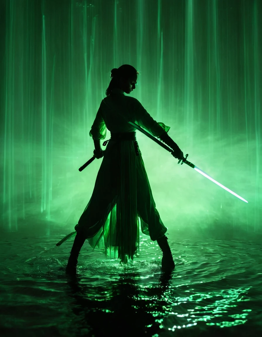 (Silhouette of a female lead dancing with sword:1.5),Green snake shadow,Anatomically correct,Glowing sword,(Movement posture),Hold the hilt of the sword,1 sword,Solitary,On the Lake,High contrast, Movie Lighting, Mysterious atmosphere,, ripple,(Splash;1.4),A moon,Motion Blur,swordsman,effort,Black silhouette,Green glowing lightsaber,