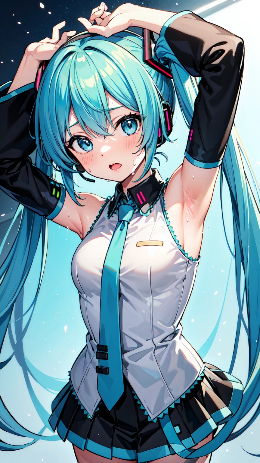 Hatsune Miku VOCALOID, One person, Light blue hair, Multicolored Hair, Light blue eyes, Twin tails、Mask on head, Side light, Particles of light, wallpaper, Arm Up, sweating