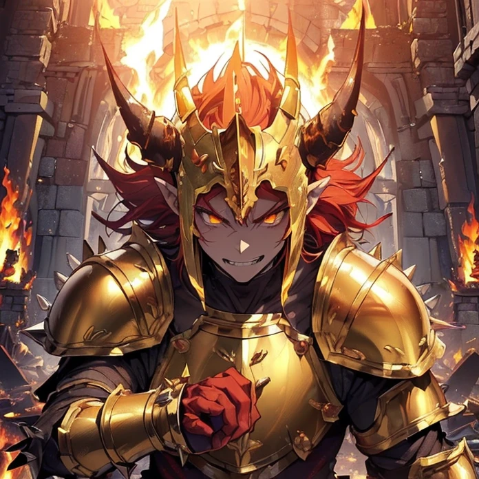 (High Resolution, HD, High Quality), (Super Detailed, High Details), (Masterpiece), (Anime, Anime Style), (Character Design), high fantasy, epic dark demonic fantasy)(detailed background)(chaos)(warhammer aesthetic)
{{evil demon prince:(((red demon head, spiky yellow teeth, muscular neck, pointy demon ears, vampire nose, spiky jaw, evil demon smile, (golden demon armor, golden shoulder plates, golden hip armor, big fire demon sword,(fire around the castle ruins)))}}