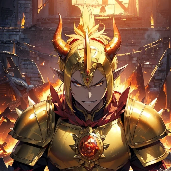 (High Resolution, HD, High Quality), (Super Detailed, High Details), (Masterpiece), (Anime, Anime Style), (Character Design), high fantasy, epic dark demonic fantasy)(detailed background)(chaos)(warhammer aesthetic)
{{evil demon prince:(((red demon head, spiky yellow teeth, muscular neck, pointy demon ears, vampire nose, spiky jaw, evil demon smile, (golden demon armor, golden shoulder plates, golden hip armor, big fire demon sword,(fire around the castle ruins)))}}