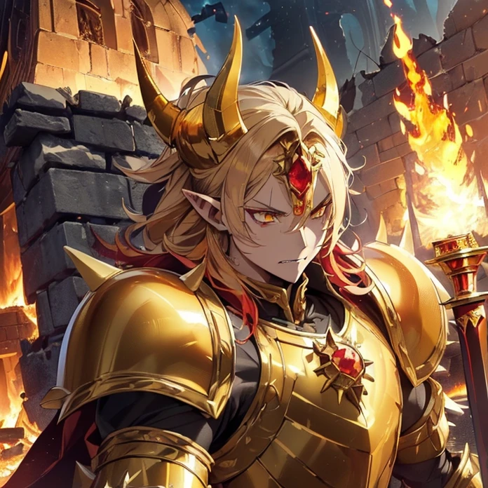 (High Resolution, HD, High Quality), (Super Detailed, High Details), (Masterpiece), (Anime, Anime Style), (Character Design), high fantasy, epic dark demonic fantasy)(detailed background)(chaos)(warhammer aesthetic)
{{evil demon prince:(((red demon head, spiky yellow teeth, muscular neck, pointy demon ears, vampire nose, spiky jaw, evil demon smile, (golden demon armor, golden shoulder plates, golden hip armor, big fire demon sword,(fire around the castle ruins)))}}