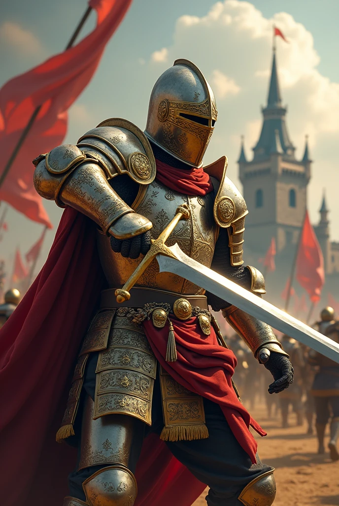 masterpiece, Highest quality, Very detailed, Ultra-high resolution,Gold and Silver Helm,Double-handed sword,middle ages,knight,swing