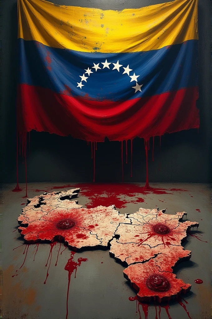 Venezuelan flag covered in blood, above the map of the country Venezuela with some bullet impacts and dripping blood 