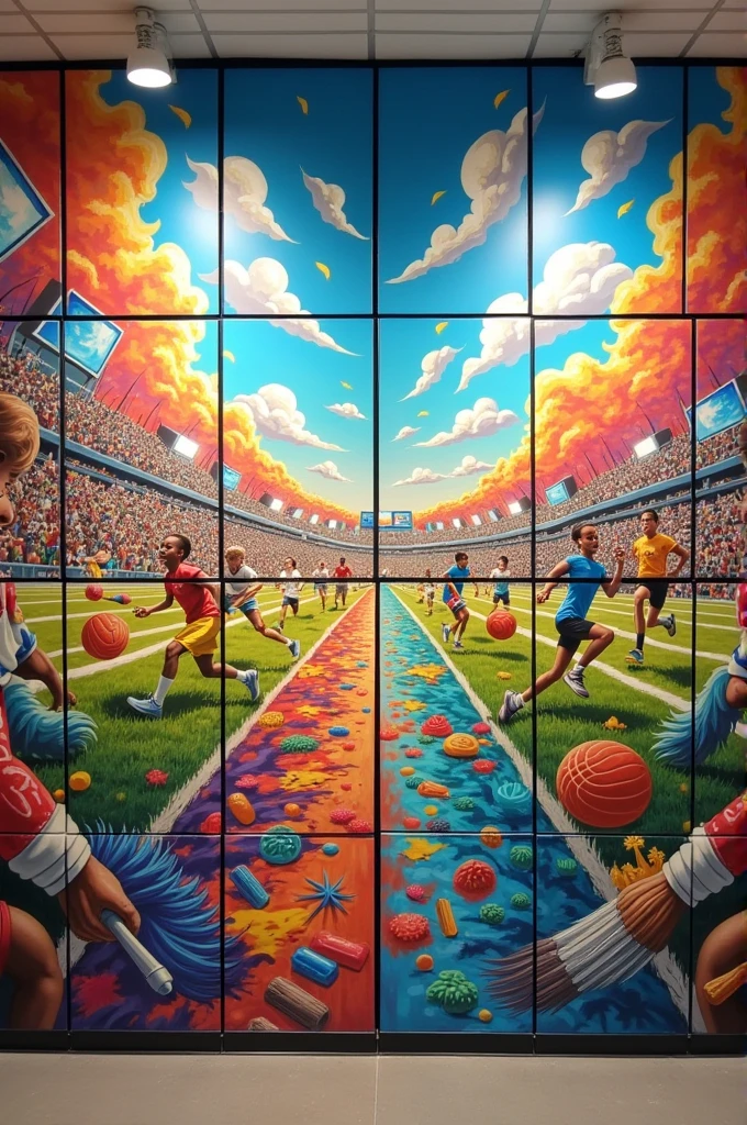 I want a 12-canvas mural about youth. That in the lower left corner there is a paintbrush or something that displaces the other paintings that are about sports and art