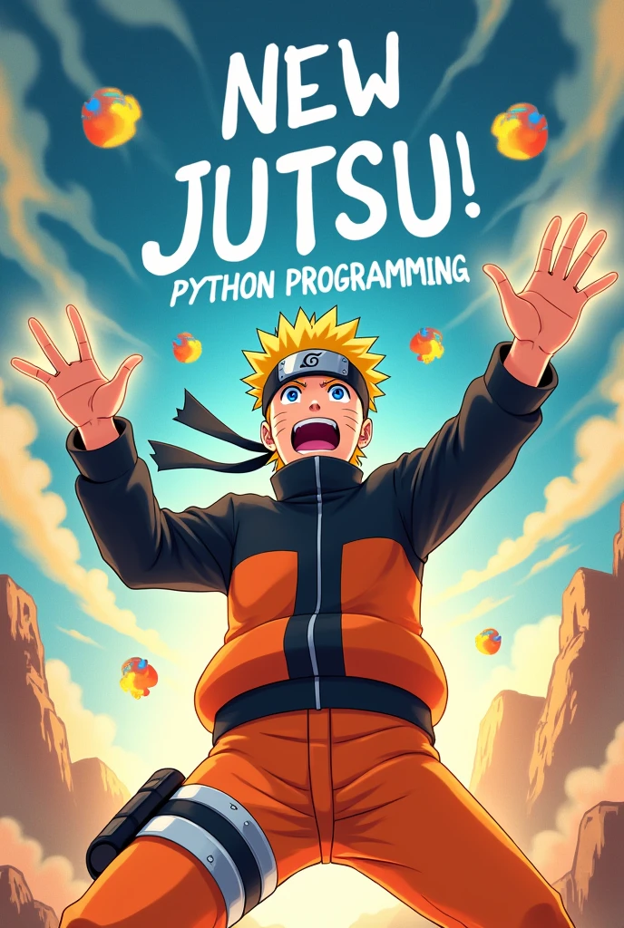 Generate a image for a programmer who has learn python programming language and want to announce in anime style as he's greatest anime fan especially python, so the image would containing Naruto announcing new Jutsu excitingly and on top uee python programming language logo, also add a caption as new Jutsu on the image,