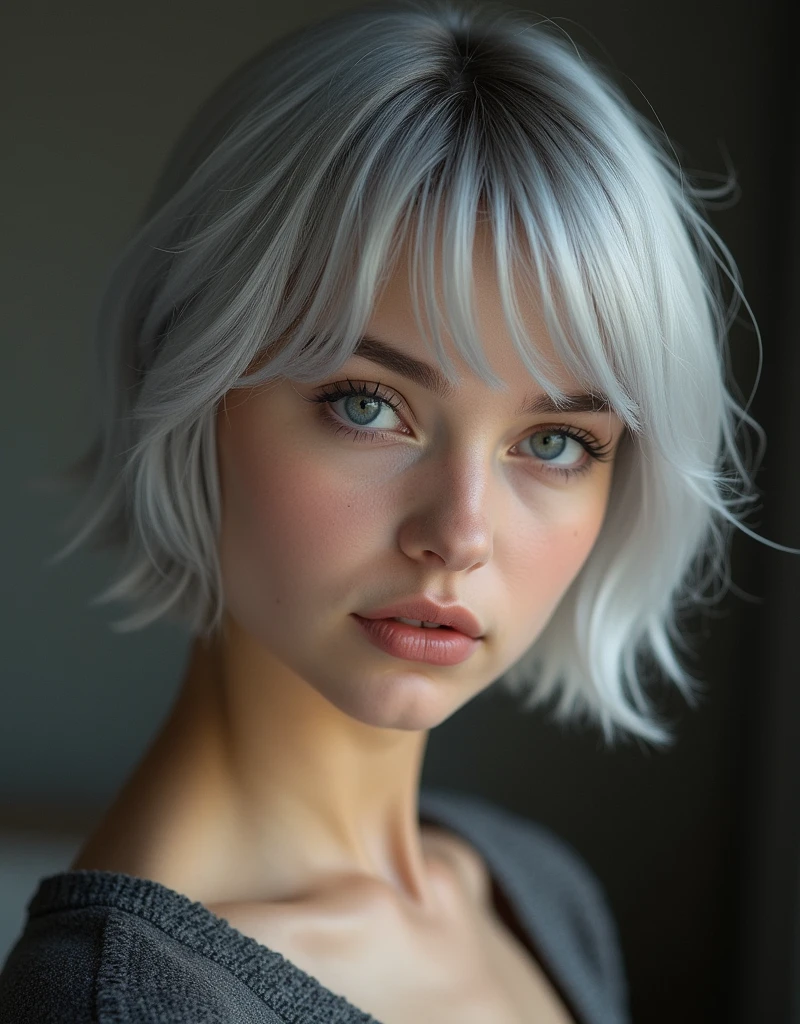 (RAW photo, best quality, masterpiece: 1.2), (photorealistic: 1.4), best lighting, 20 years old, (light gray hair, short bob cut, hair in 7 thirds, hair over one ear, Symmetrical eyes, fair skin, solo, Detailed Skin, Detailed Background:1.2),　Ukrainian girls,