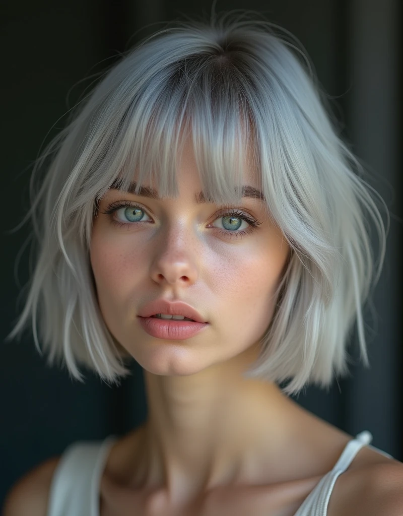 (RAW photo, best quality, masterpiece: 1.2), (photorealistic: 1.4), best lighting, 20 years old, (light gray hair, short bob cut, hair in 7 thirds, hair over one ear, Symmetrical eyes, fair skin, solo, Detailed Skin, Detailed Background:1.2), Ukrainian girls,