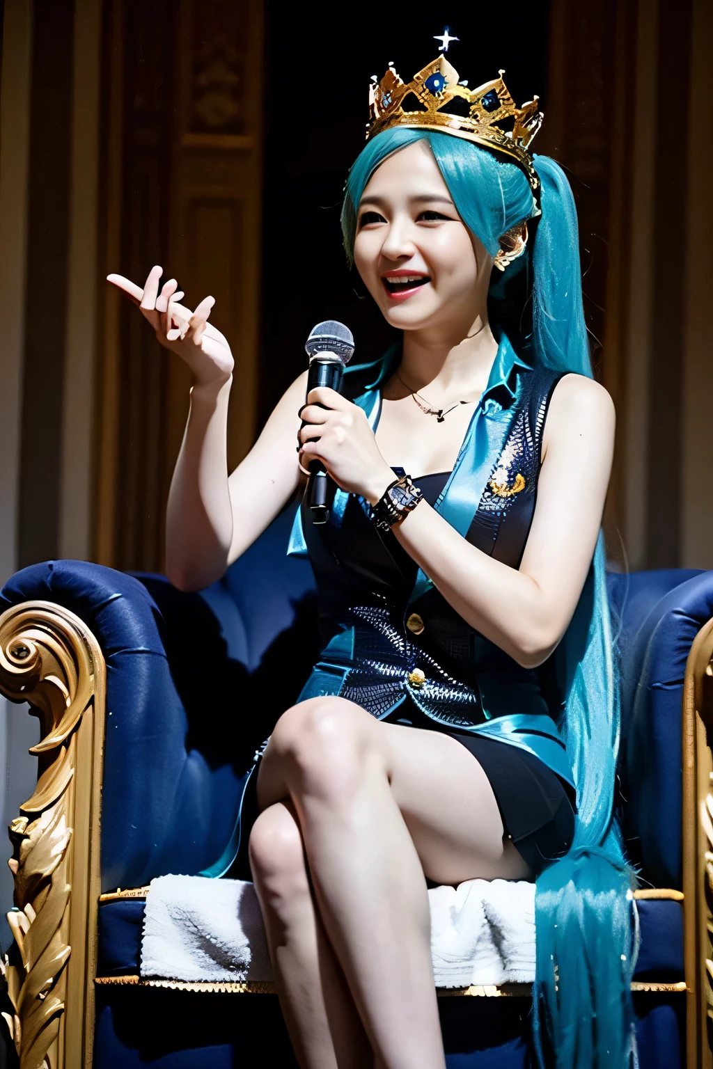 1girl, Hatsune Miku, princess outfit, crown, gold, ((throne)), in a castle, Middle Ages, wearing a blue vest, one foot on the ground, the other foot calf turned outward, one hand holding the microphone, the other hand across the eyes Biye, white background