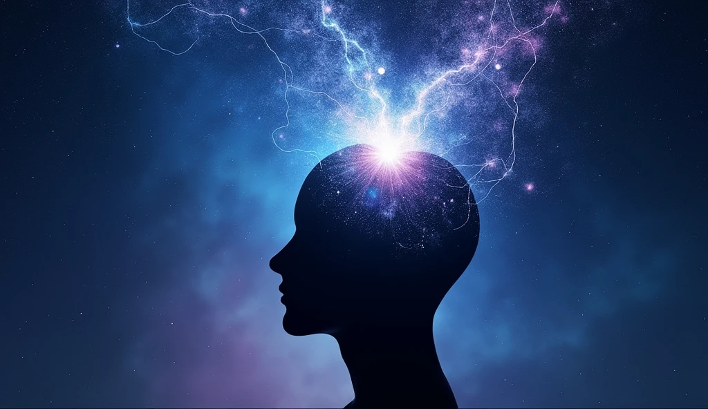 A silhouette of a human head with an intense glow emanating from the top. The background is a starry sky in shades of blue and purple., representing the universe. The composition is centered on the mind, with rays of light spreading. Emotions of inspiration and possibilities.