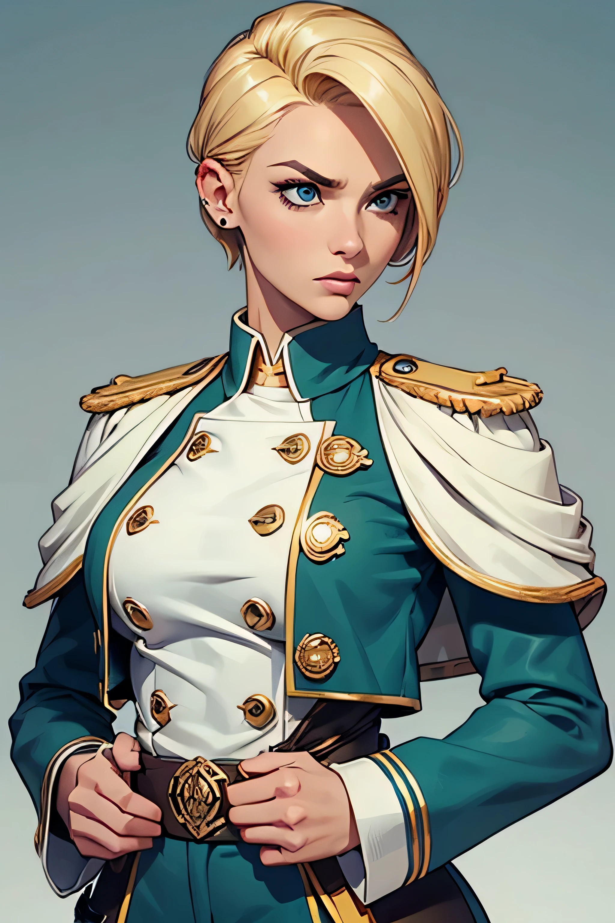Digital image featuring a young woman with striking, sharp facial features and a fair skin tone. The young woman has short, blonde hair styled in a modern, slightly tousled manner. she have piercing blue sky eyes and bold eyebrows, with a serious and intense expression. she is dressed in a light blue high-collared military-style uniform with pants in green olive color, adorned with gold and black details, including epaulettes and decorative buttons in gold color, The background is a blank space