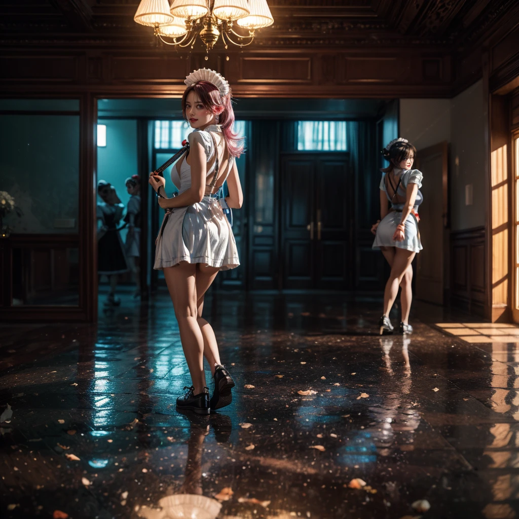 (Full Body of Extremely Detailed((y Maid Group in a row:1.37))), KAWAII perfect face with Reflective Eyes, Detailed(Delicate Clothing textures), Correct Graceful Legs, Dynamic Joyful Expressions LifeLike Rendering, Specular Reflection, TopQuality 8K Ultra-detailed masterpiece (ProfessionalPhoto:1.37), (Acutance:0.8), (Luminism:1.28), Renaissance art style, Colorful Light particles, (Full body from side) {MicroMini Skirt|Kissing Face to Face|Thigh Gap|Cute Peach Assus|(NakedAwith (Overflowing Sideboob))}, Radiant Fine Skin with Transparency, {Pink Hair|LightBlue Hair|Blonde|Pure White Hair|Liquid Hair|Red Shoes}, Perfect Lighting