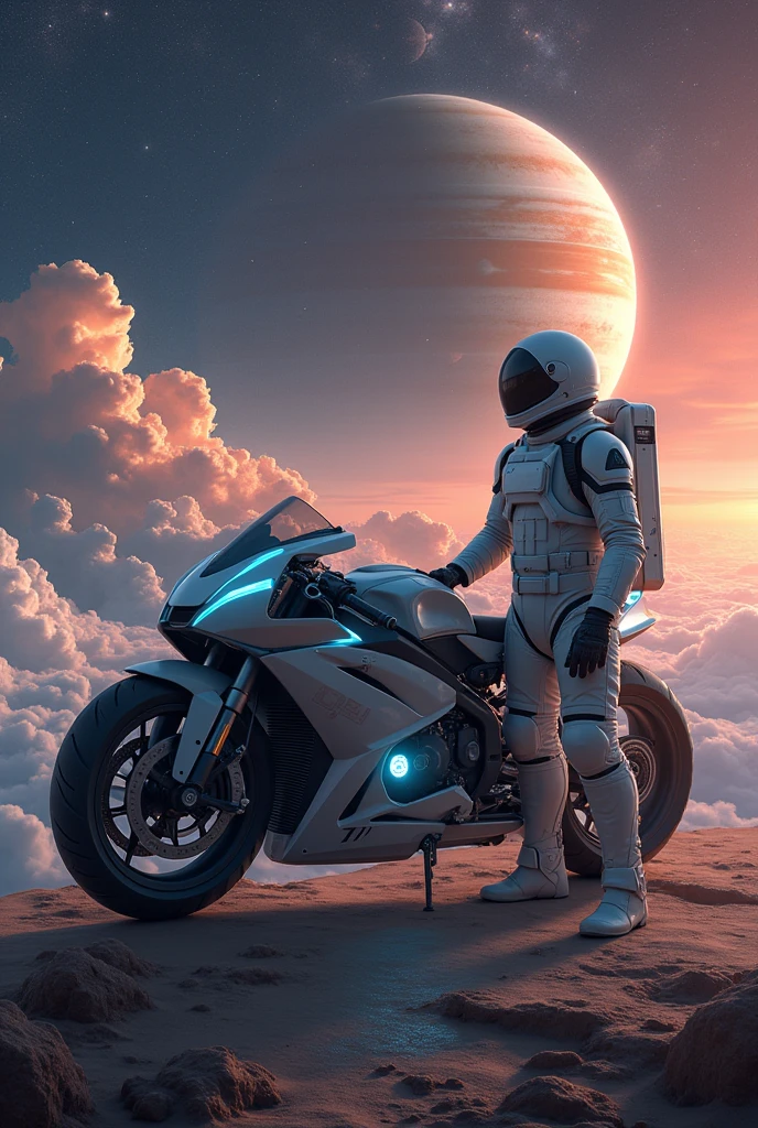astronaut in uniform with futuristic triangles posing on the side of his flying motorcycle levitating next to him, His motorcycle is a mix of a Star Wars vehicle. The astronaut looks at the horizon of Saturn where he sees another planet in the sky which he is going to explore. 
