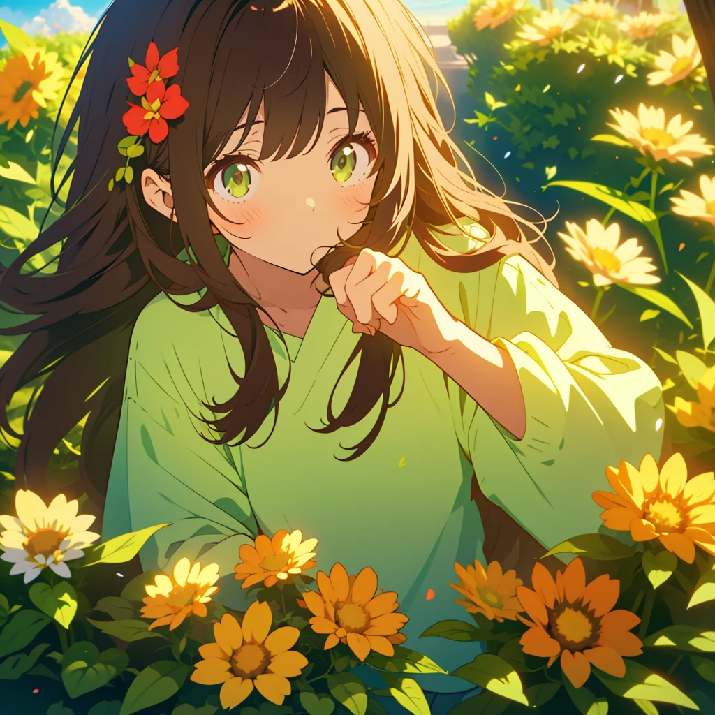 claw pose, kawaii, anime, Cute, hyper quality, highly detailed, 8k, Clarity, Draw facial expressions in detail, Girl with long dark brown hair and green eyes, surrounded by flowers, flowers, bright sky, coffee, claw pose, highlight on eyes, troubled face,