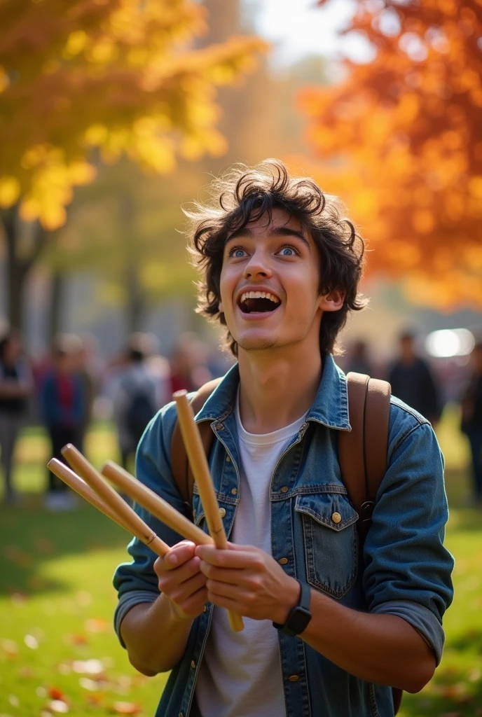 young man with his drumsticks surprised