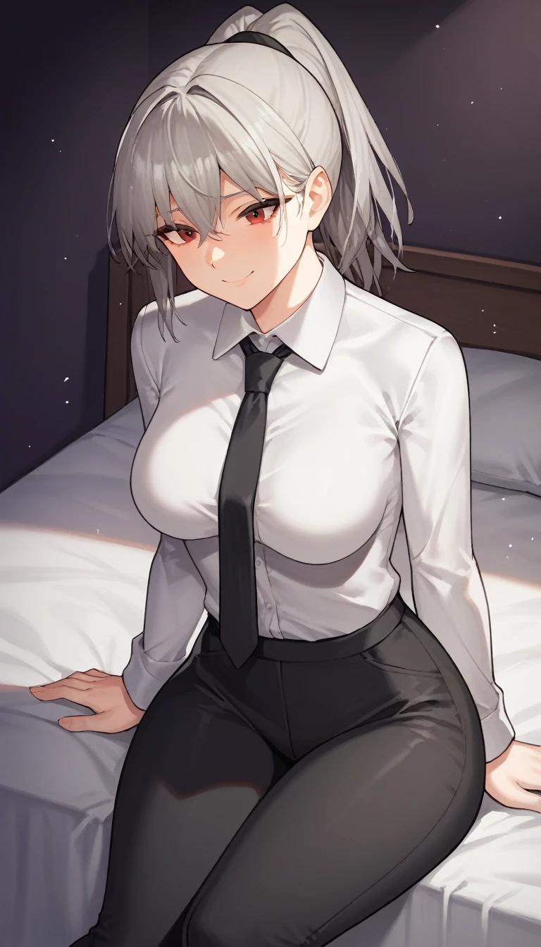 score_9, score_8_up, score_7_up, source_anime, 1girl, red eyes, little smile, room, wariza, ponytail, grey hair, portrait, blazer, starshadowmagician, solo, Adult woman, best perfect anatomy, thin, curvy body, medium breasts, curvy body, close up shot on person suffering from anxiety, cry face, a woman showing sadness, lonely woman, a woman sitting in bed, white shirt, black tie, Long-sleeved shirt, black trousers, dynamic angle. no light source, dark background, night days, dark hotel bedroom background, 