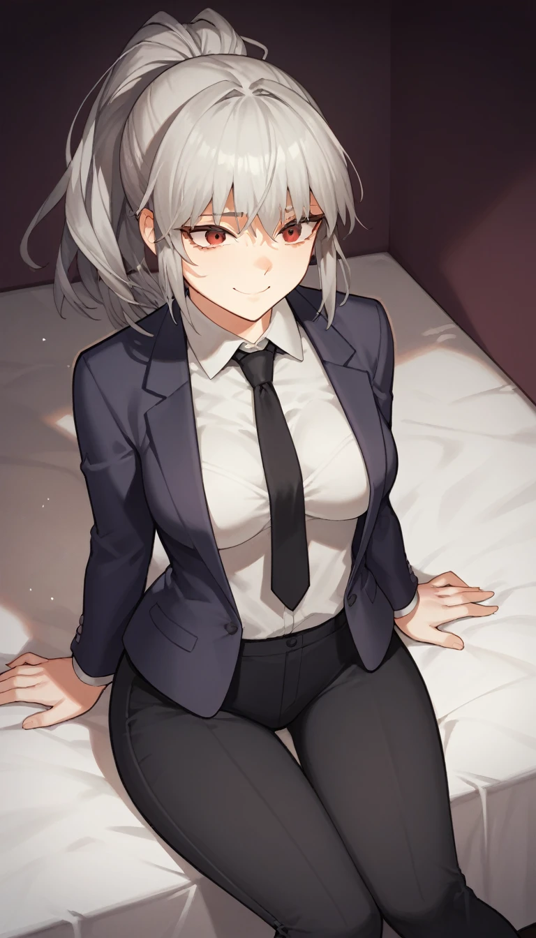 score_9, score_8_up, score_7_up, source_anime, 1girl, red eyes, little smile, room, wariza, ponytail, grey hair, portrait, blazer, starshadowmagician, solo, Adult woman, best perfect anatomy, thin, curvy body, medium breasts, curvy body, close up shot on person suffering from anxiety, cry face, a woman showing sadness, lonely woman, a woman sitting in bed, white shirt, black tie, Long-sleeved shirt, black trousers, dynamic angle. no light source, dark background, night days, dark hotel bedroom background,