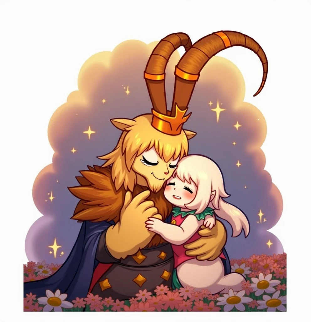 Create an animated illustration of the Undertale characters,Asgore and Toriel romantic,that are as similar as possible to the game are anthropomorphic goats created in a video game called undertale