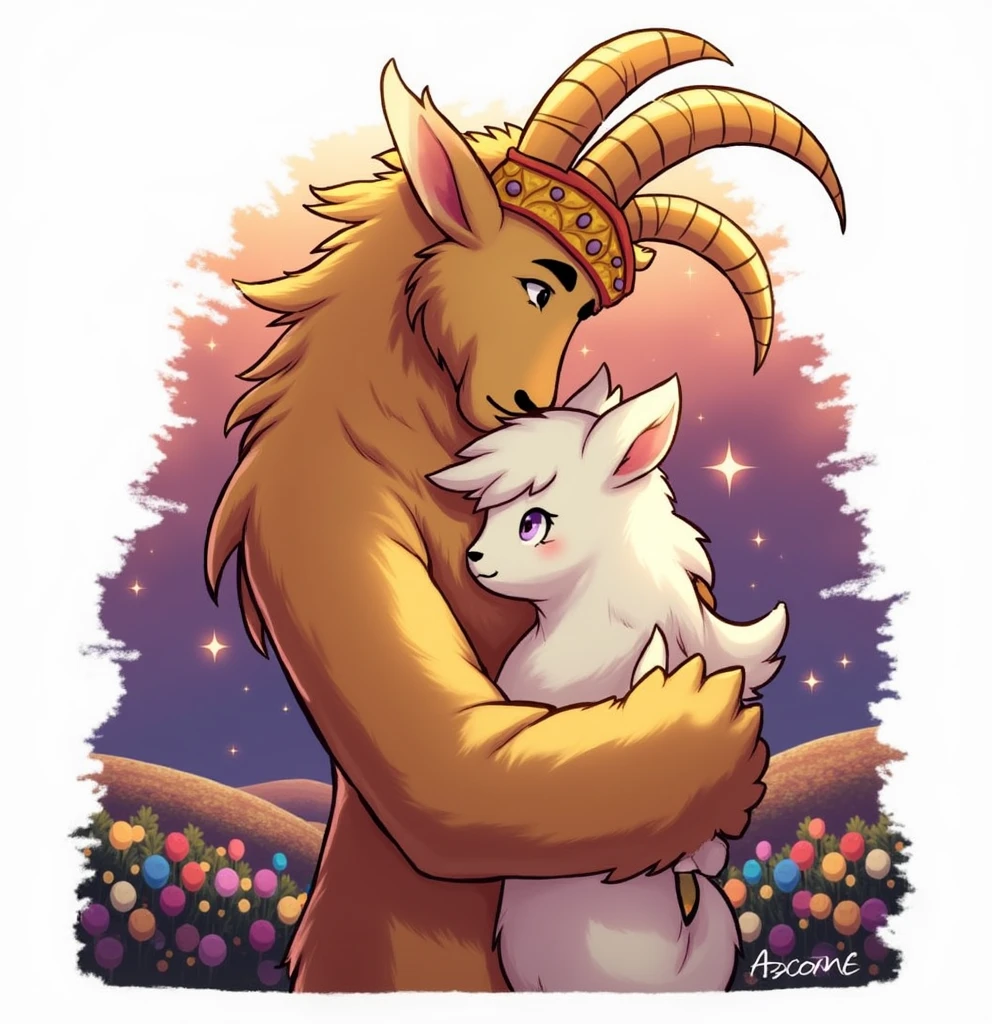 Create an animated illustration of the Undertale characters,Asgore and Toriel romantic,that are as similar as possible to the game are anthropomorphic goats created in a video game called undertale