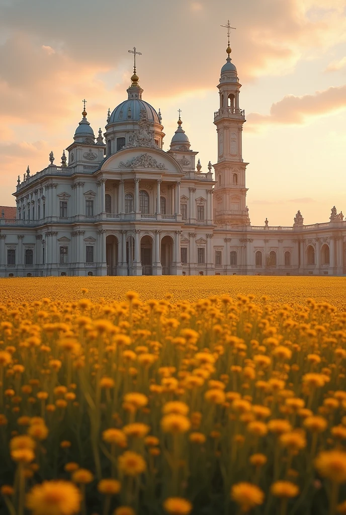 Field with a baroque palace with a tower on the side, solitary in the background 